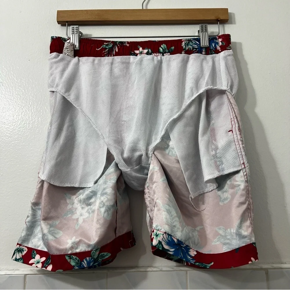 Brooklyn Cloth Surf Ave Small Red Hawaiian Floral Volley Swim Trunks Shorts